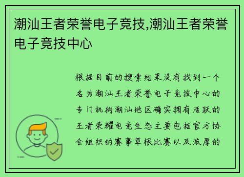潮汕王者荣誉电子竞技,潮汕王者荣誉电子竞技中心